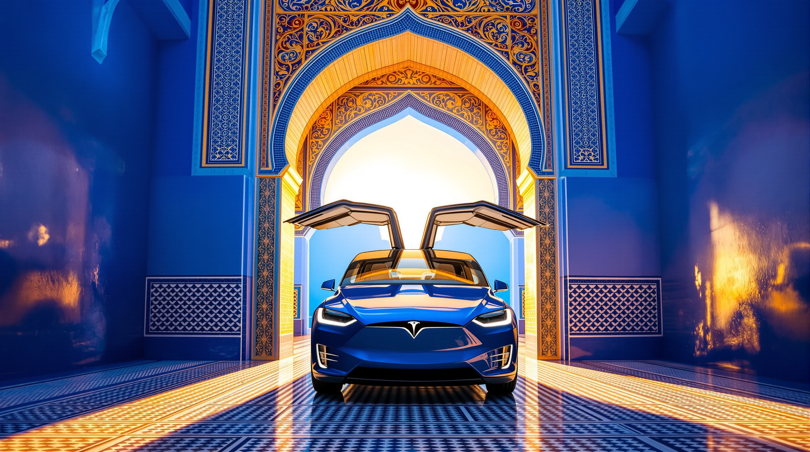 Lucy, a blue Tesla Model X, inside a beautiful Moroccan interior with ornate blue tilework and arched doorways