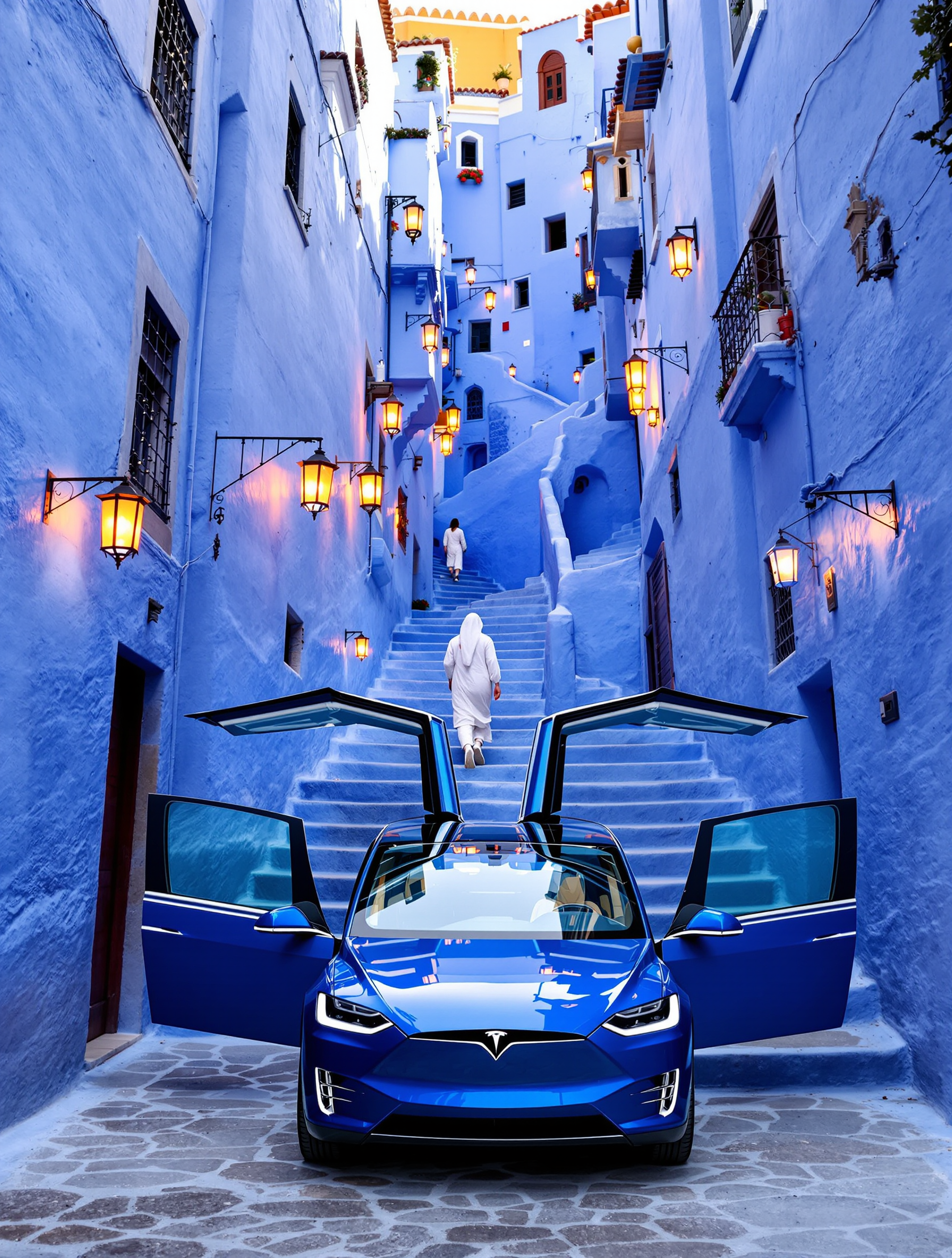 Lucy, a blue Tesla Model X with Falcon Wing doors spread wide, wedged into a narrow blue staircase in Chefchaouen as if she landed from the sky